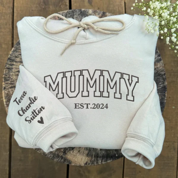 Mummy Hoodie or Sweatshirt with Embroidered Kids Names on Sleeve by Custom 101 Prints