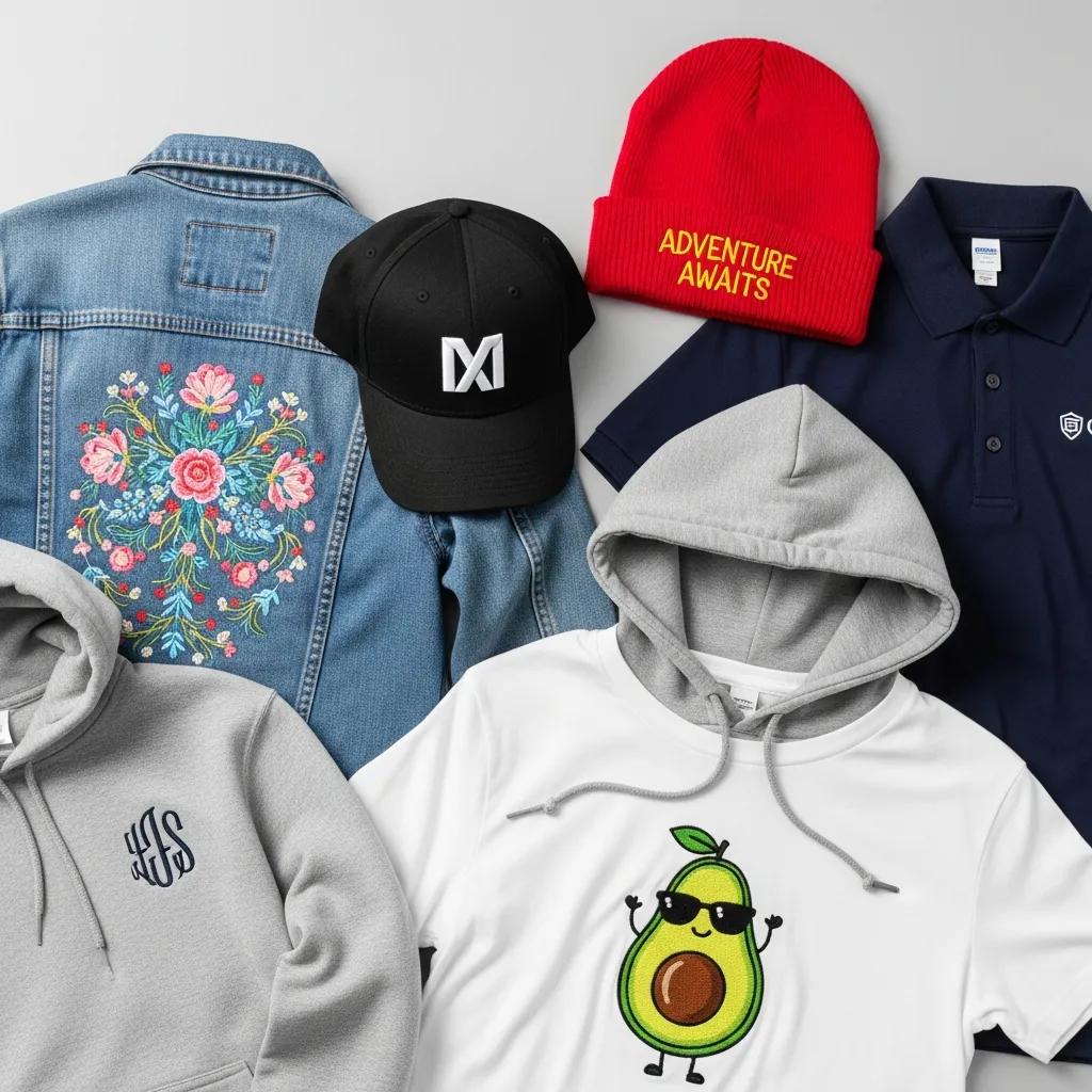 Colorful custom embroidered apparel showcasing unique designs and personalization options