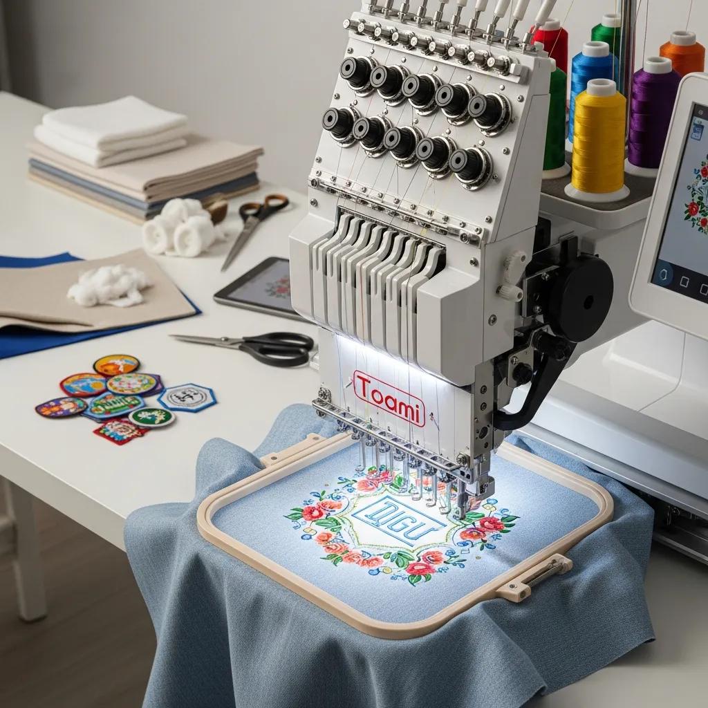 Modern embroidery machine stitching a detailed design on fabric in a creative workspace