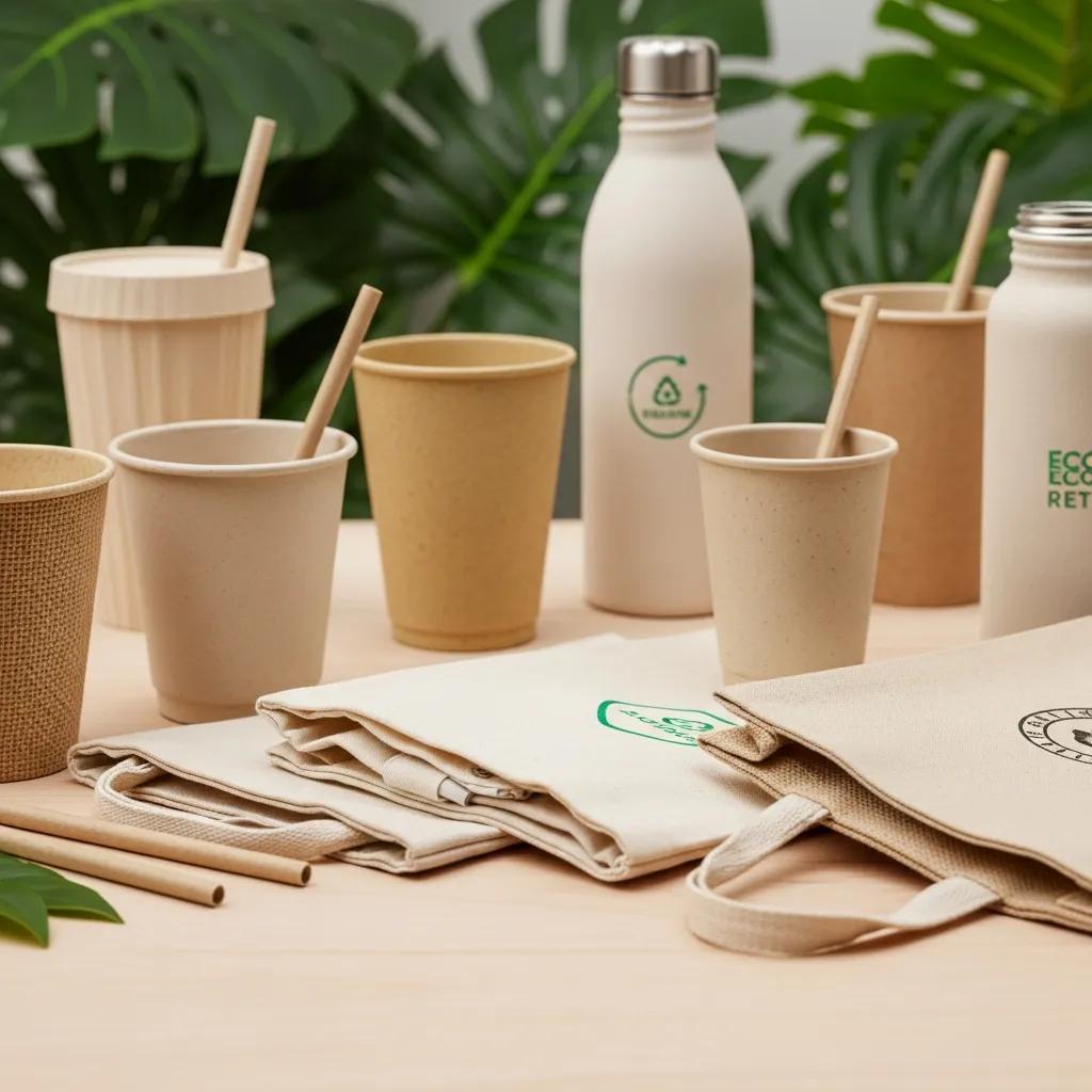 Eco-friendly promotional products including biodegradable drinkware and reusable bags displayed on a wooden surface, emphasizing sustainability