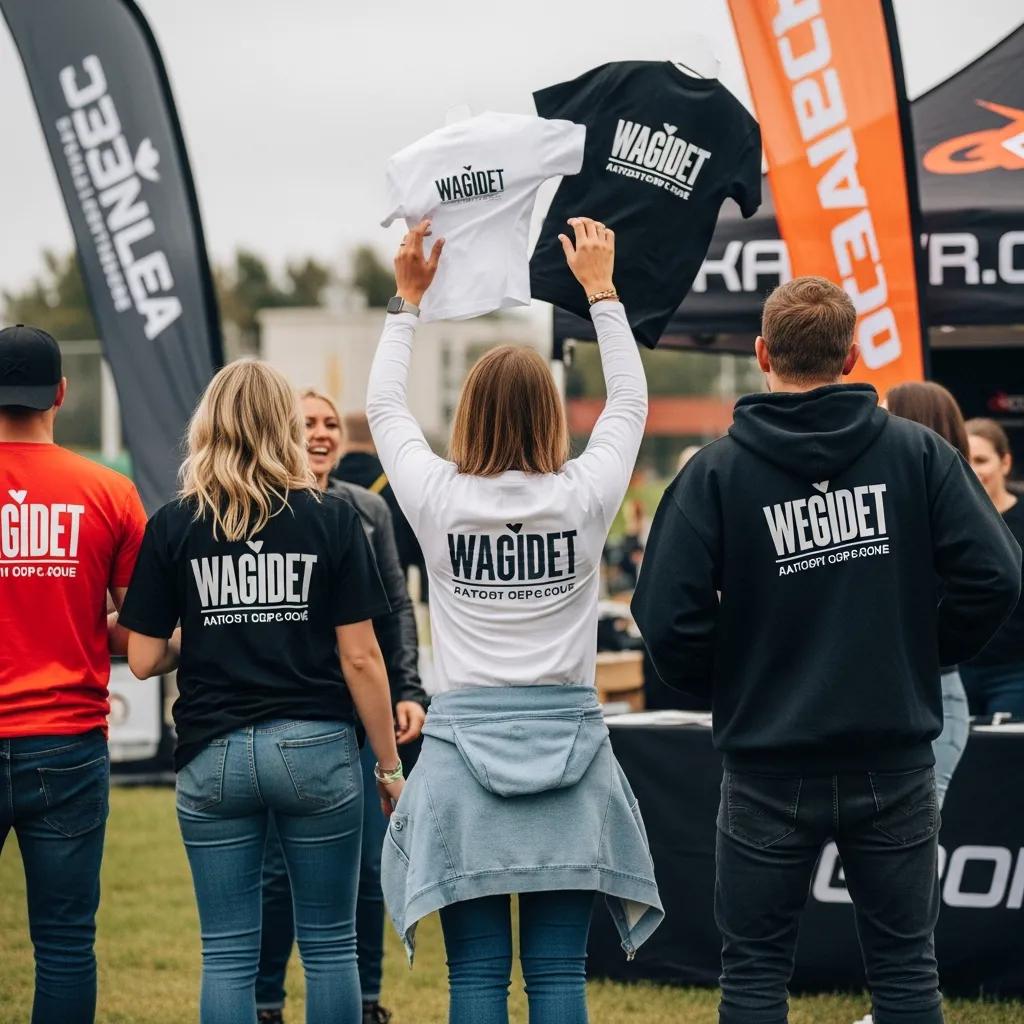 Group of individuals wearing custom-branded t-shirts and hoodies at an outdoor event, showcasing brand visibility