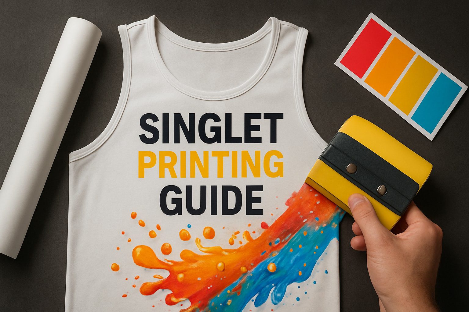 Custom singlet with "SINGLET PRINTING GUIDE" text and vibrant paint splash design, accompanied by a squeegee and color swatches, illustrating modern singlet printing techniques for 2026.